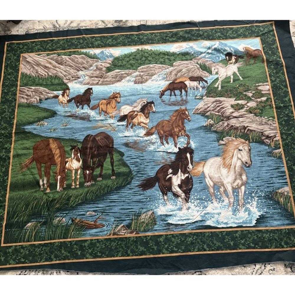 34"x44" WILD HORSES RUNNING PANEL cotton quilt fabric OOP Western Springs Ind